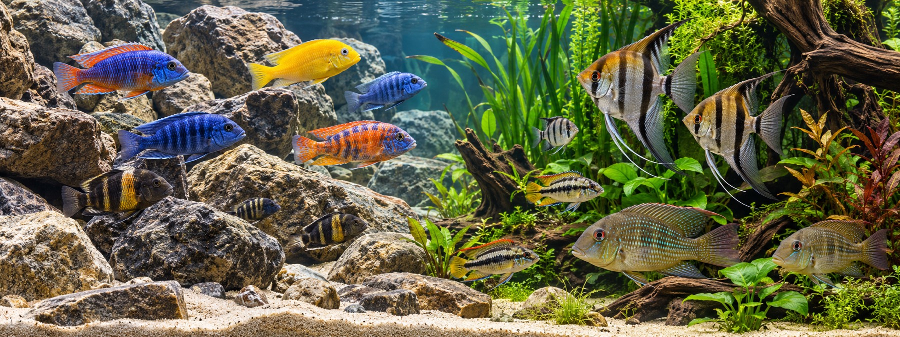 Colourful African cichlids and South American tropical fish in their characteristic freshwater habitats